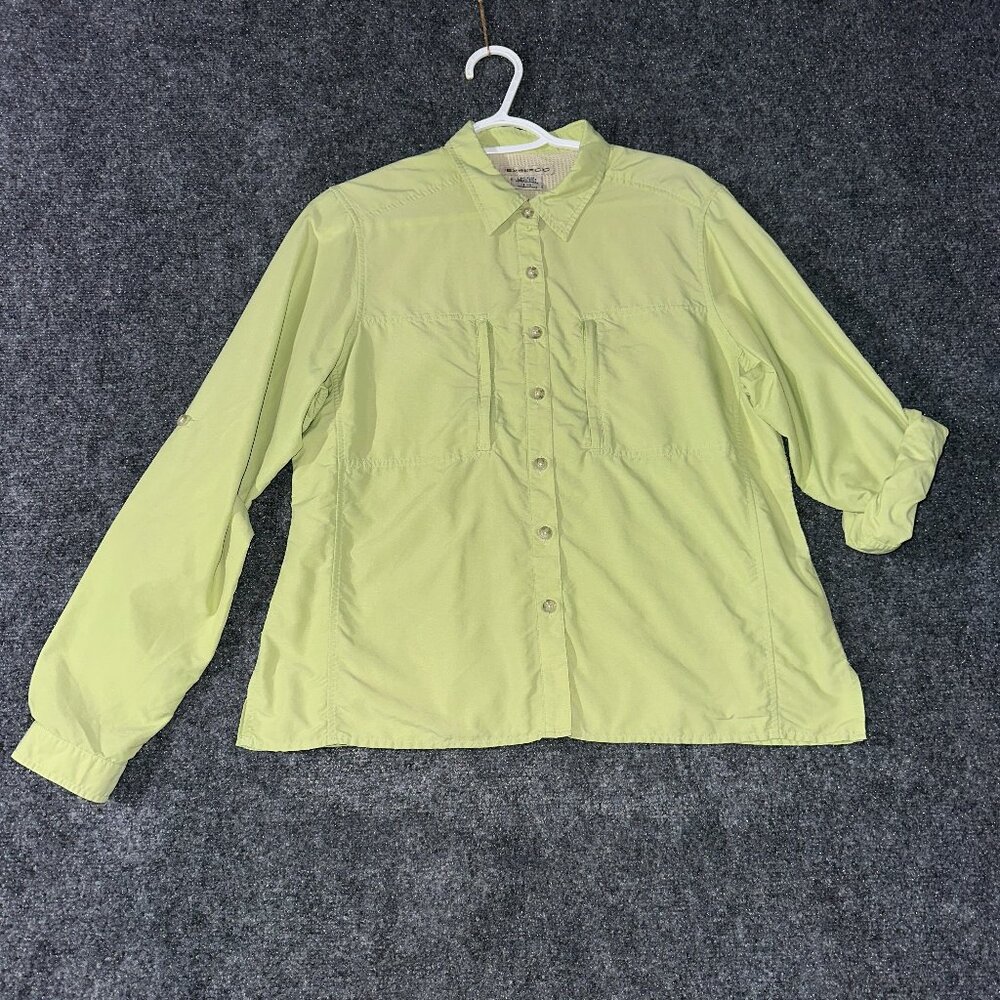 ExOfficio Top Womens Large Roll Tab Sleeve Button Up Zip Pockets Vented Hike